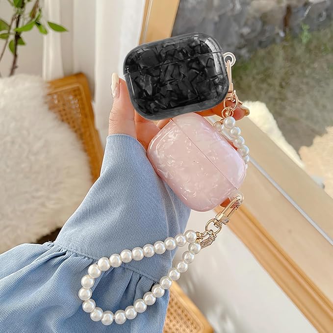 for Cute Glitter Airpods Pro/Pro 2 Gen Case with Cleaner Pen, Shell Pattern iPod Pro 2nd/1st Generation Cover Protective Skin Girl Women with Luxury Pearl Keychain 2023/2022/2019 - Black