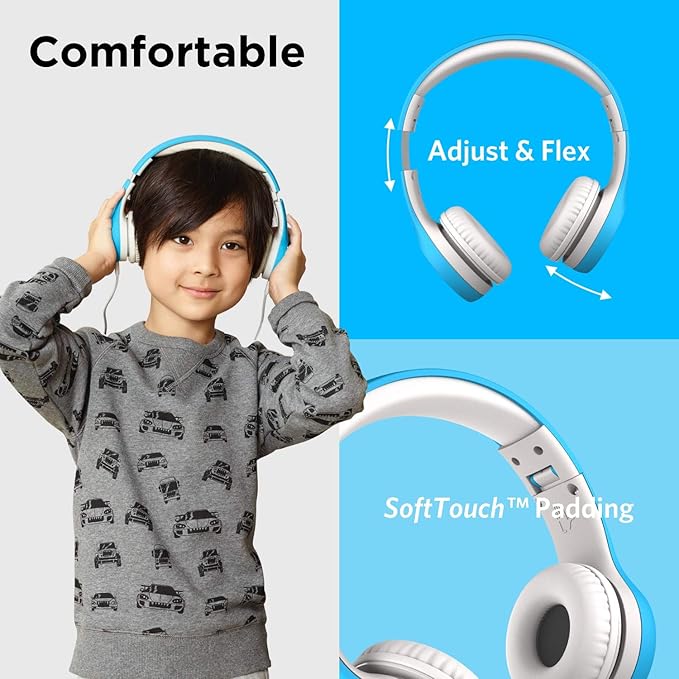 LilGadgets Connect+ Style On-Ear Kids Headphones with Microphone - SharePort Technology, SoftTouch Padding, Detachable Cable, Volume Limiting, Durable & Adjustable - Blue