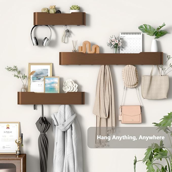 Coat Rack Wall Mount Entryway Organizer Modern Key Holder Wall Mount with Wooden Shelf Entryway Hooks for Bedroom Kitchen Hallway Bathroom for Hanging Coats Hats Dog Leashes Bags Towels