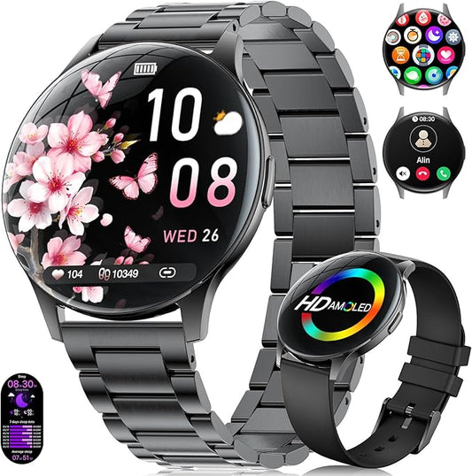 LIGE Smart Watches for Women, Call/Reminders, 1.43" AMOLED Ultra-Thin Activity Trackers with Heart Rate/Sleep/SpO2 Monitor, 100+ Sports Modes Fitness Watch for iOS Android, Black Steel