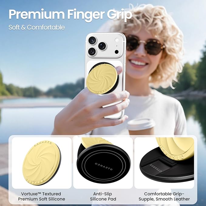 ORNARTO Vortuxe for MagSafe Phone Grip with Kickstand, Soft Liquid Silicone Finger Loop Grip, Phone Ring Holder for Back of Phone, Premium Build & Comfy Touch, Buttercream Yellow