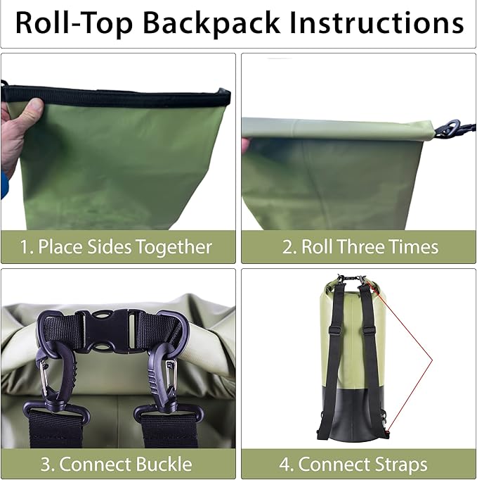 Malo?™o DryPack 30L Waterproof Kayak Dry Bag, Heavy Duty Roll-Top Dry Bag with MOLLE Grid and Carry Straps for Fishing, Paddle Boarding, Boating, Camping, and Travel, Green