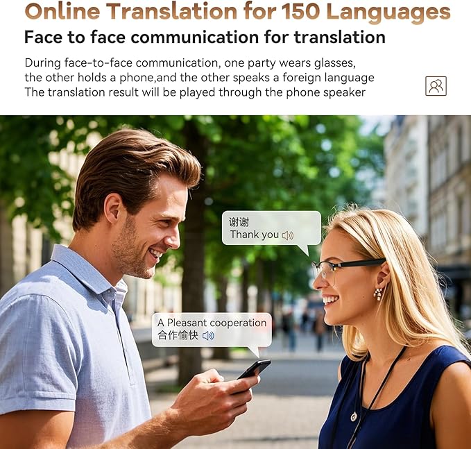 AI Translation Glasses, Wireless Bluetooth Real-Time Translation Glasses, Smart Simultaneous Interpretation Glasses, 150 Languages & Accents & 8 Offline Translation Packs
