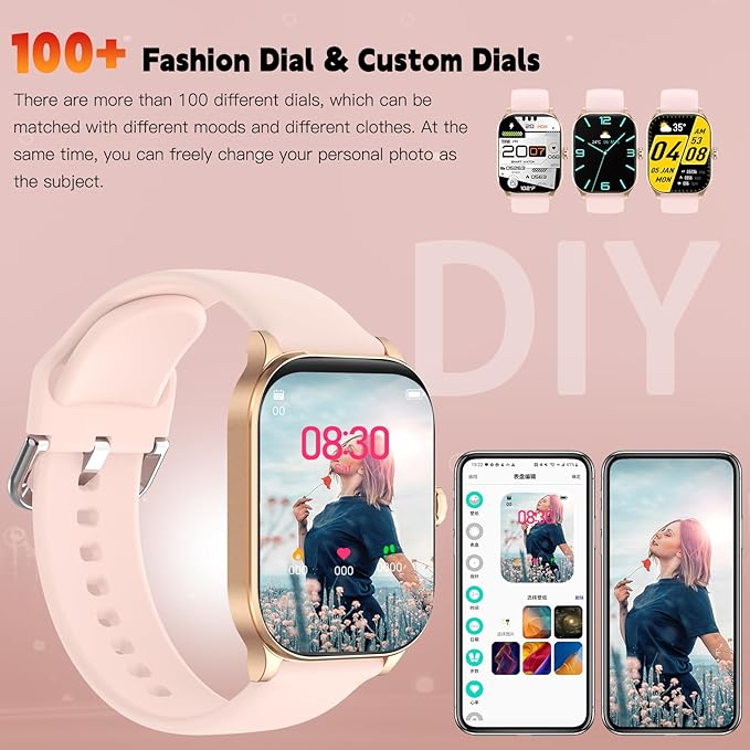 Smart Watch for Women Men(Answer/Make Call), Smartwatches with Heart Rate/SpO2/Sleep/Stress Monitor, IP68 Waterproof Activity Tracker for Android iPhone, 100+ Sports Fitness Watches (Pink, 1.85")
