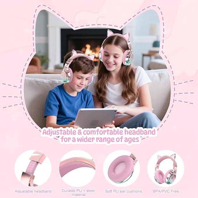 QearFun Kids Cat Ear Bluetooth Headphones, 60H Playtime, 74/85/94dB Safe Volume Limit, Metallic Gradient Wireless Headset with Mic, Fast Charging, Foldable, Wired Mode for Girls School/Tablet/Travel