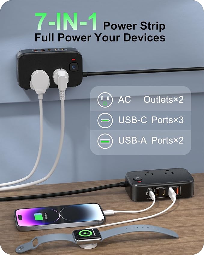 5FT Travel Power Strip with USB Ports, 7-IN-1 Flat Extension Cord USB C Power Strip with 2500W AC Outlets, 3 USB-C Ports, 2 USB-A Ports Outlet Extender for Home/Office/Travel Essentials