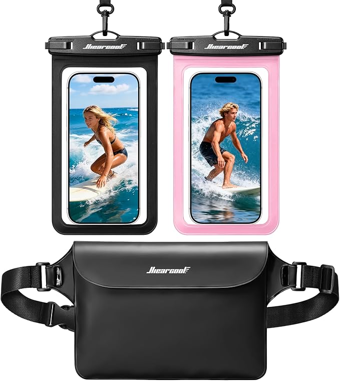Hiearcool Waterproof Phone Pouch, IPX8 Waterproof Phone Case for iPhone 17 Pro Max, Cell Phone Dry Bag Plus Waterproof Fanny Pack Dry Bag with Privacy Front and Clear Back for Beach Cruise