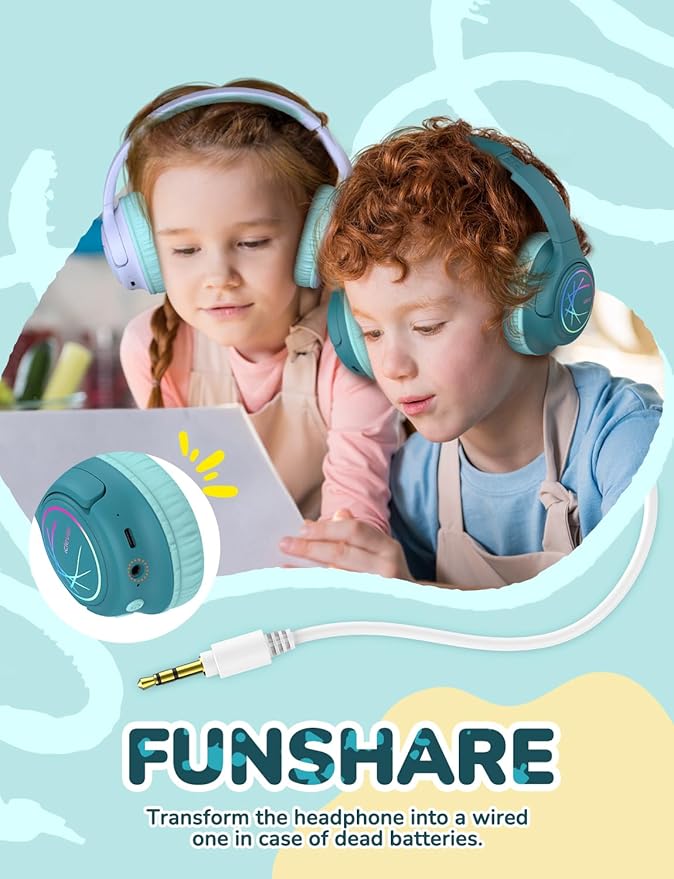iClever Kids Bluetooth Headphones with LED Lights, BTH18 Safe Volume 74/85dBA, 43H Playtime, Bluetooth5.3 Kids Headphones Wireless Aux Cord for iPad/Tablet/Travel/School, Green