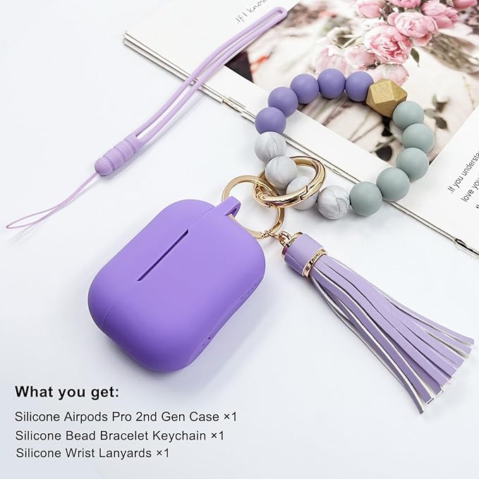 Compatible with Airpods Pro 2nd Generation Case Cover 2022, Soft Silicone Protective Cover with Bracelet Keychain for Apple Airpods Pro 2 Case for Women (Violet)