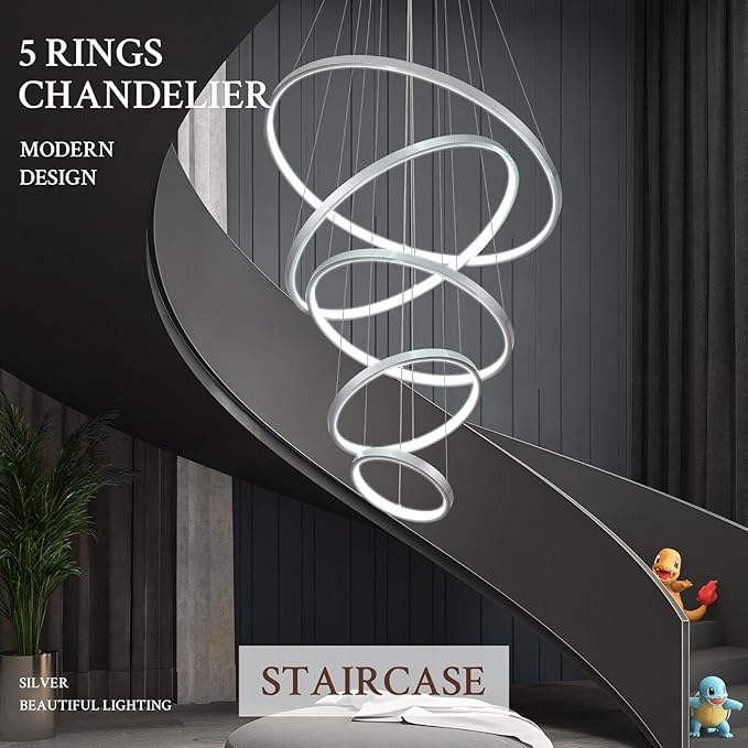 5 Ring Modern LED Chandelier Dimmable Silver High Ceiling Chandeliers for Foyer, LED Contemporary Large Pendant Lighting with Remote Control Circular for Living Room Staircase, 3000K-6500K