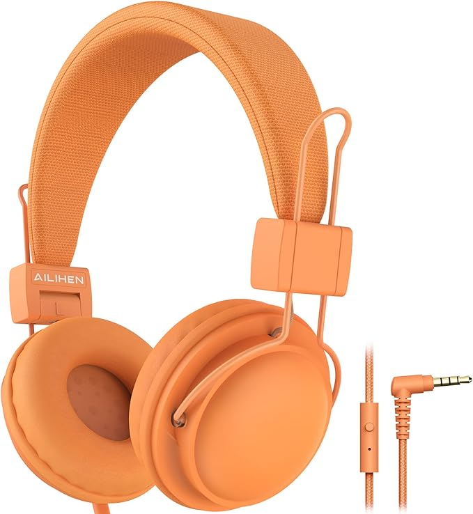 AILIHEN HD850 Classroom Headphones for Kids K-12 Students, School Wired Headphones with Microphone & 85dB Volume Limited & Sharing Function for Chromebook (Orange)