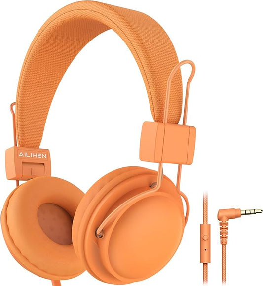 AILIHEN HD850 Classroom Headphones for Kids K-12 Students, School Wired Headphones with Microphone & 85dB Volume Limited & Sharing Function for Chromebook (Orange)