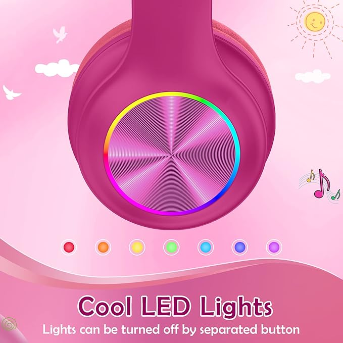 2024 Bluetooth Kids Headphones Fit for Aged 3-21, Colorful LED Lights Comfort Wireless Headphones with Microphone 94dB Volume Limited for School/iPad/PC/TV/Cellphones, Wired & TF Card Mode, Hot Red