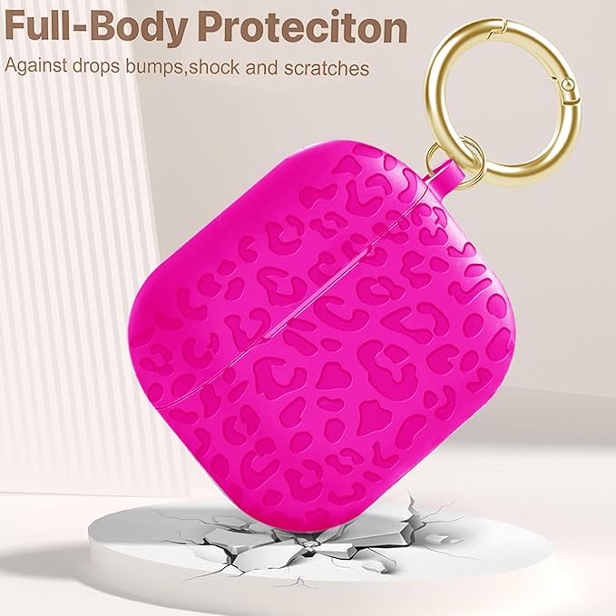 Engraved Case for AirPods 3rd Generation Carving Cover with Keychain, Leopard Skin Soft Cover for Compatible with AirPods 3rd Generation Case Full Protection,Front LED Visible,Hot Pink