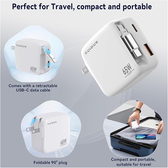 65W Retractable USB C Charger,3 in 1 Fast Charging Block with Foldable Plug,GaN Fast Charging Travel Charger for MacBook,iPad,iPhone 17/16/15,Galaxy