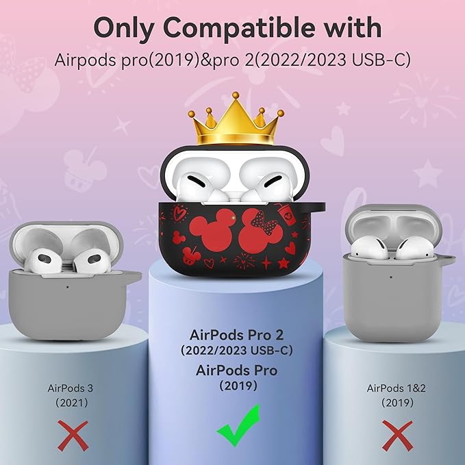 Compatible with Airpods Pro 2nd/1st Generation Case Cover with Keychain, Women Men Soft Silicone Two-Tone Cute Cartoon Engraved Convenience Protective Case, Front LED Visible Black/Red