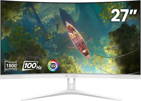CRUA 27 Inch FHD 100Hz White Curved Computer Monitor, 1800R VA, Frameless