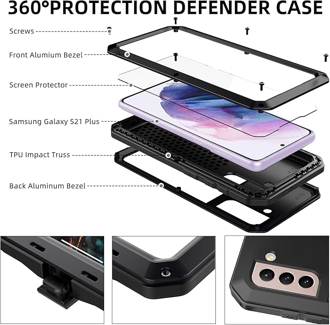 Mitywah Case Designed for Samsung Galaxy S21 Plus, Military Grade Heavy Duty Shockproof Drop Proof Dirtproof Rugged Aluminum Metal Tough Cases Cover for Galaxy S21 Plus 6.7 inch-Black