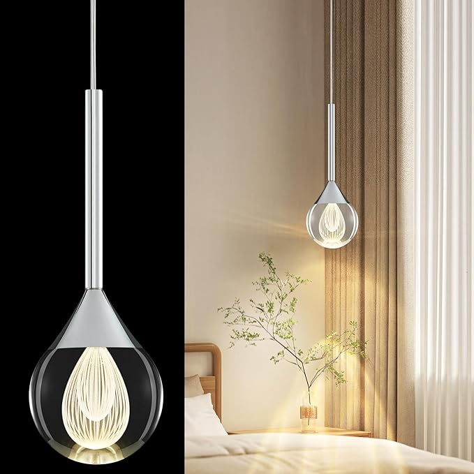 1-Light Teardrop Crystal Pendant Light - Chrome Finish Globe Ceiling Hanging Fixture D3.9 inch LED Pendant Light with Remote ，Raindrop Chandelier for Kitchen Island, Dining Room, Bar