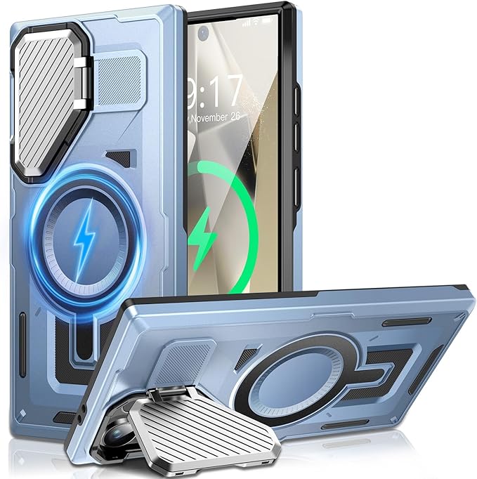 Camera Stand Case for Galaxy S24 Ultra, [Compatible with MagSafe][Lens Cover] 2024 Version Military Grade Protective Soft Case for Samsung Galaxy S24 Ultra 6.8" Men Women, Blue
