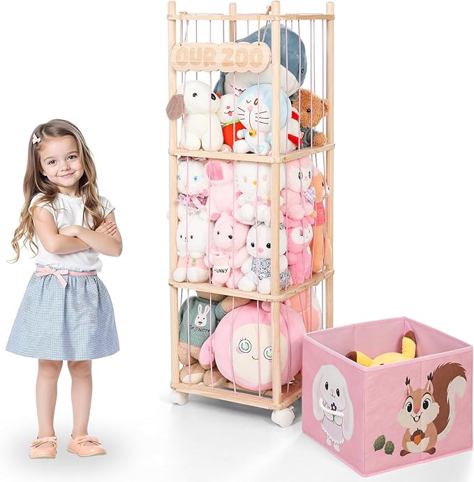 Stuffed Animal Storage with Removable Fabric Bins & Locking Wheels, 2-in-1 Wooden Toy Organizer and Display Shelf Space Saving for Playroom, Bedroom, Nursery