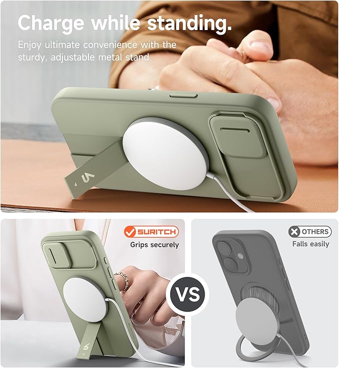 SURITCH for iPhone 17e/16e Case with Magnetic Camera Slide Cover and Adjustable Kickstand, Compatible with MagSafe, Shockproof Bumper Case Slim Protective Cover 6.1 Inch,Green