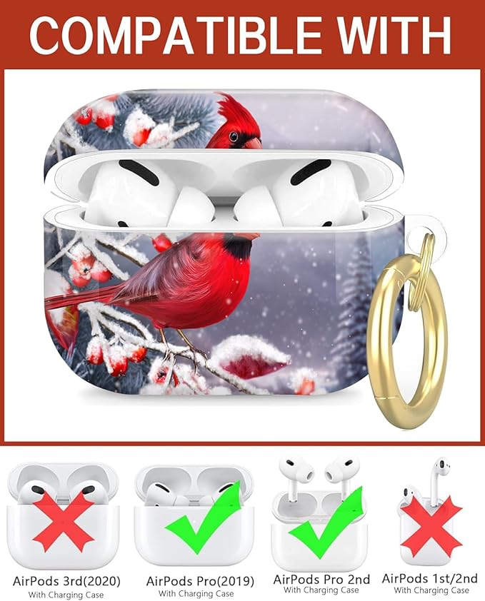 Compatible with Airpod Pro 2nd/1st Generation,Full Protection Cover for Women,Accessories Hard Case Portable & Shockproof for Airpod Pro 2nd Charging Case 2023/2022/2019(Red Bird Snow Covered Branch)