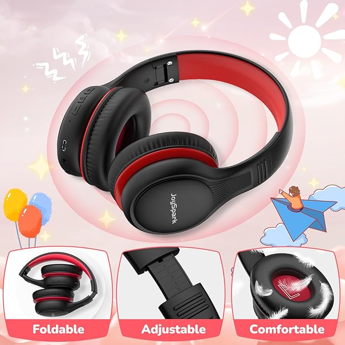 Kids Bluetooth Headphones, 60 Hours Playtime, Bluetooth 5.4 Kids Headphones Wireless, Type-C Fast Charging, 85/94dB Volume Limited, Foldable Toddler Wireless Headsets with Mic-Black Red