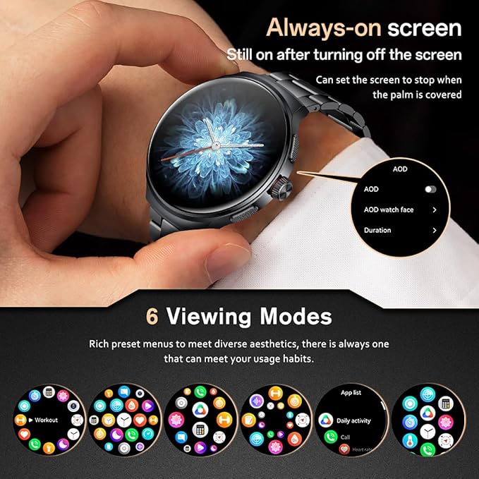 AOLON Smart Watch for Men (Answer/Make Calls), 1.43'' AMOLED Screen, 100+ Sports Modes Fitness Tracker, IP68 Waterproof, Heart Rate/SpO2/Health Monitor for Android/iOS, Stainless Steel Band, Black