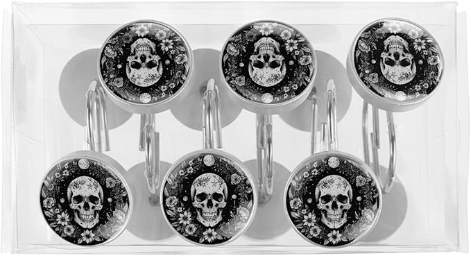 12 Packs Gothic Skull and Floral Shower Curtain Hooks, Stainless Steel Glass Shower Curtain Rings for Bathroom Decor, Metal Rustproof Curtain Rod Hooks