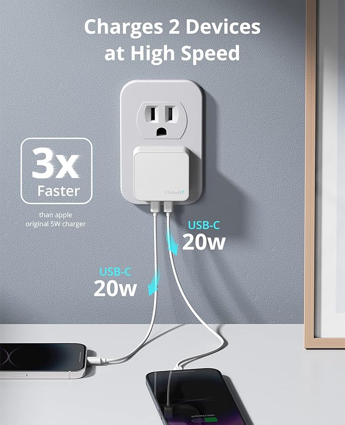 Nekmit Dual Port USB C Wall Charger, 40W PD Fast Charging USB C Wall Plug Adapter, Flat Thin Slim Charger Block for iPhone 14/14 Pro/14 Pro Max, Galaxy, MacBook Air, iPad, AirPods and More