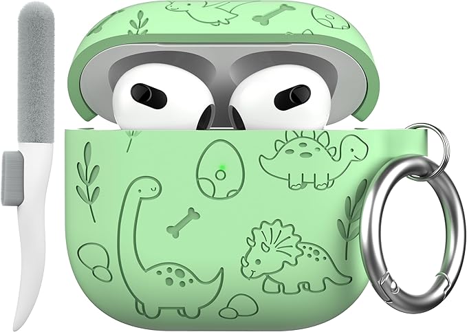 Maxjoy for AirPods 4 Case, Engraved Silicone Cute AirPod 4 Case for Women Men Protective iPod 4 Cover with Keychain Cleaning Kit for AirPod 4th Generation Cover 2024, Dinosaur Matcha