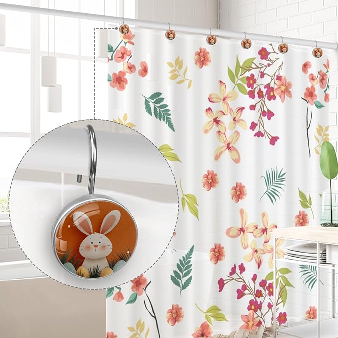 Easter Bunny Crystal Glass Shower Curtain Hooks for Bathroom Shower Rod, 12Pcs Round Home Decorative Shower Curtain Rings, Orange Bathroom Bedroom Living Room Accessories