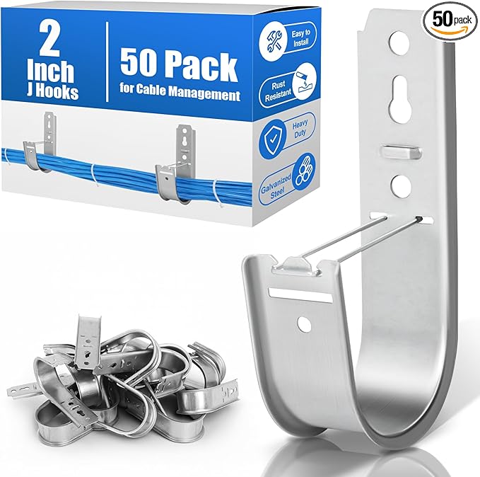Podoy 2 Inch Cable J Hooks with Retainer Clips,Galvanized Steel J Hook for Cable Management (50 Pack), Cable Support Wall Mount Hooks for Walls/Ceilings Route Network Hanging Cables