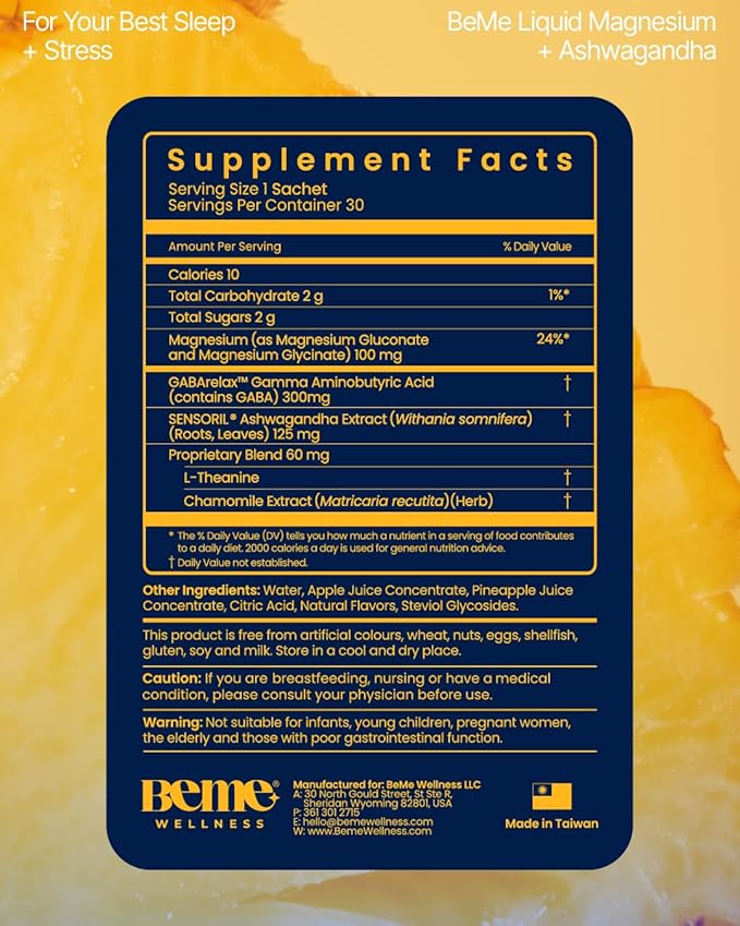 BeMe Magnesium Drink for Sleep - Melatonin-Free Magnesium for Sleep with Ashwagandha, L-Theanine & GABA - Fast-Absorbing Calm Pineapple - 15 Sachets