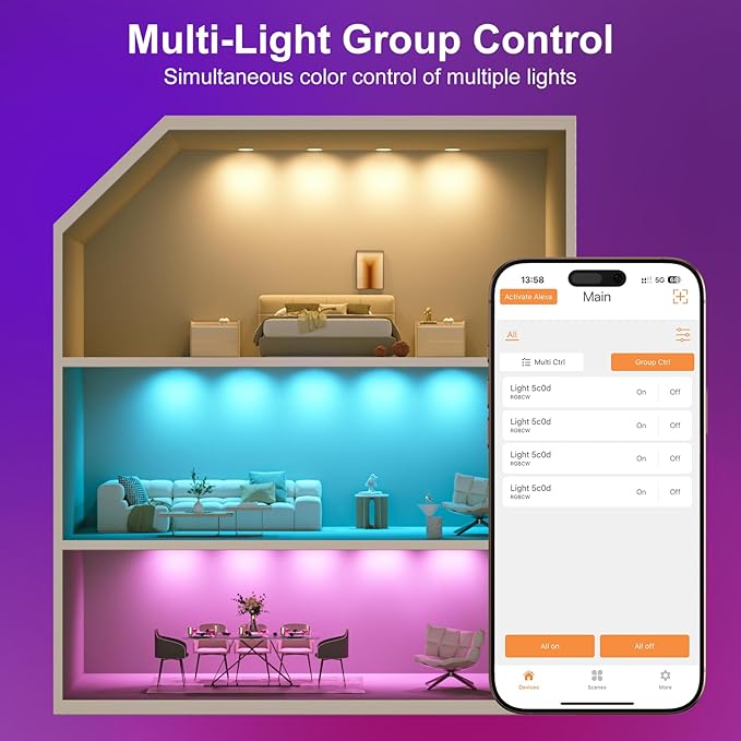 5/6 Inch Smart LED Recessed Light Compatible with Alexa 1Pack,13W1050LM,2700K-6000K,RGB LED Can Light,Retrofit Recessed Lighting,for Living Room,Bedroom,Kitchen