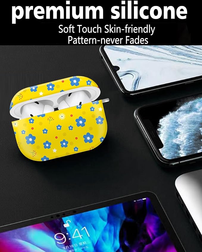 Cute Hard Case Compatible with AirPods Pro 2nd/1st Generation, Protective Cover with Golden Keychain, Fits 2023/2022/2019 Models, for Women, Girls, and Men(Cute Yellow Flower)