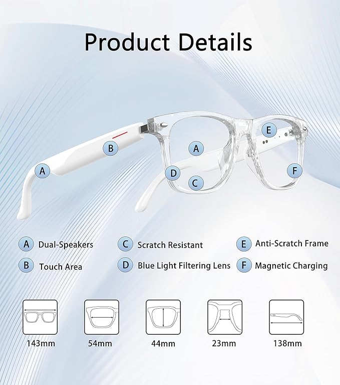 Smart Glasses for Men & Women, Built-in Mic & Speakers Bluetooth Audio Glasses, Blue Light Filter & Polarized UV 400 Protection Lenses Open-Ear Bluetooth Glasses for Android iOS, White