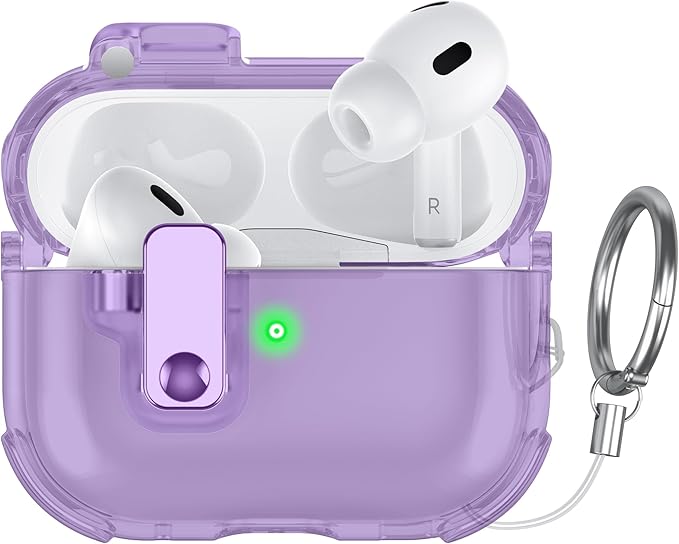 Clear Case for AirPods Pro 2 Case Cover with Lock Safety&Pop Up [Military Shockproof]Anti-Yellow Transparent Wireless Charging for AirPods Pro 2nd/1st Generation Case with Keychain,Clear Purple