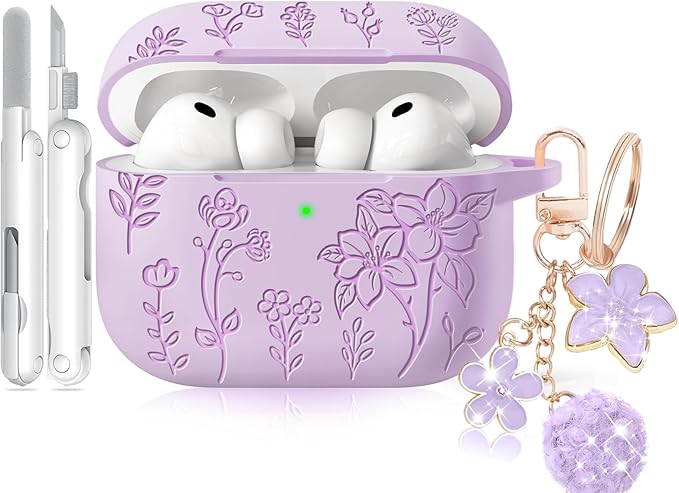 for Airpods Pro 3 Case, Flower Engraved Case Cover Compatible with AirPods Pro 3rd Generation 2025, Soft Silicone Cases with Cute Keychain & Cleaner for Women Girly, Shockproof