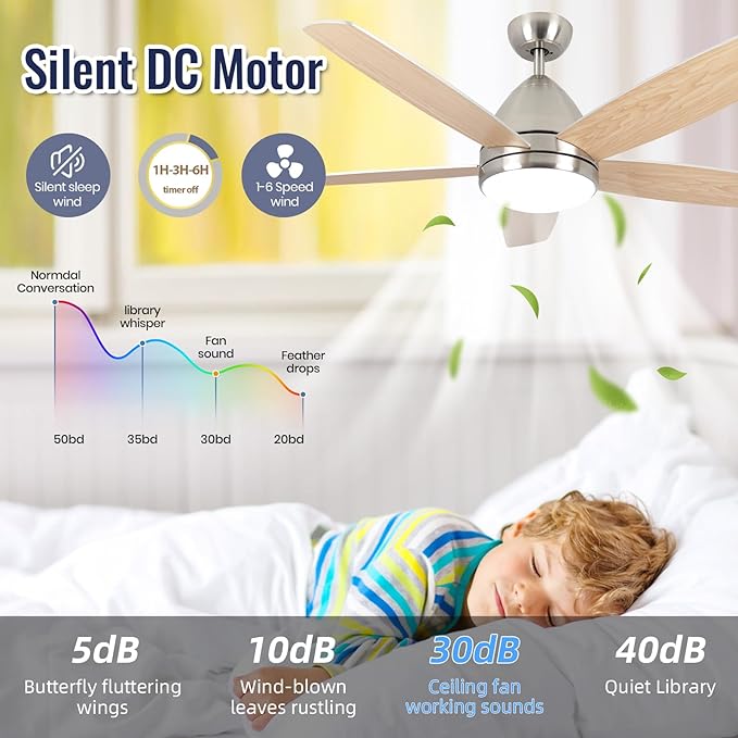 Smart Ceiling Fan with Light, Modern Nickel 52-Inch Outdoor Ceiling Fan and Remote/App, Dimmable Tri-Color LED and Reversible Motor for Indoor Bedroom/Outdoor Covered Patio