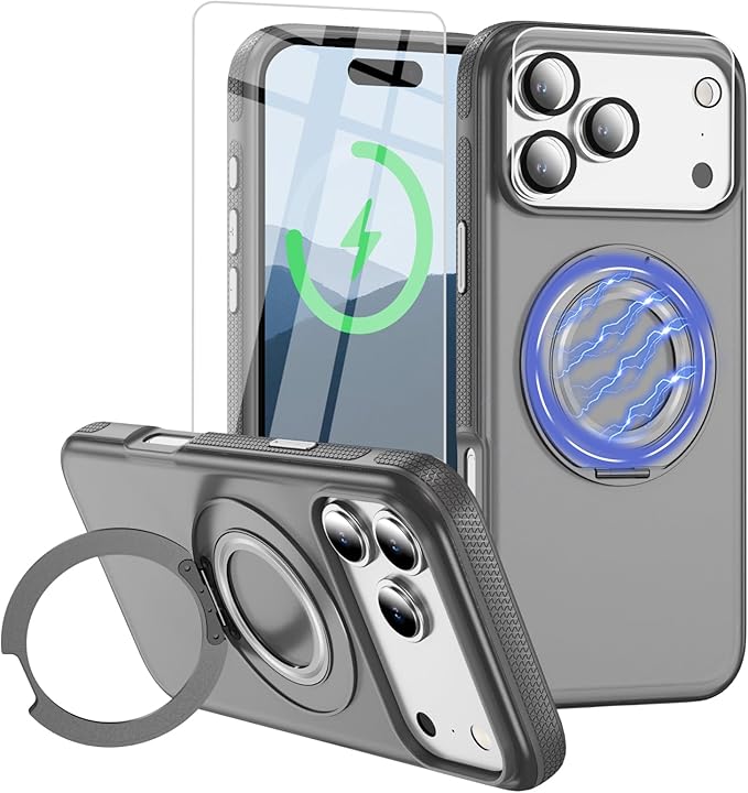 for iPhone 17 Pro Case [Compatible with Magsafe] [15 FT Military Grade Drop Protection] with Screen Protector & Lens Protector,Shockproof Kickstand Phone Case for iPhone 17 Pro (Gray)