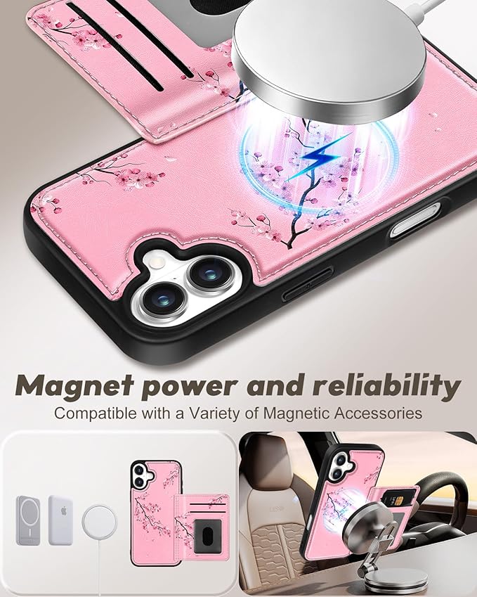 for iPhone 16 Wallet Case - Fits 4 Card Slots, Compatible with MagSafe for Women Aesthetic Durable PU Leather Credit Card Holder Kickstand Phone Cover for Apple 16, Peach Blossom