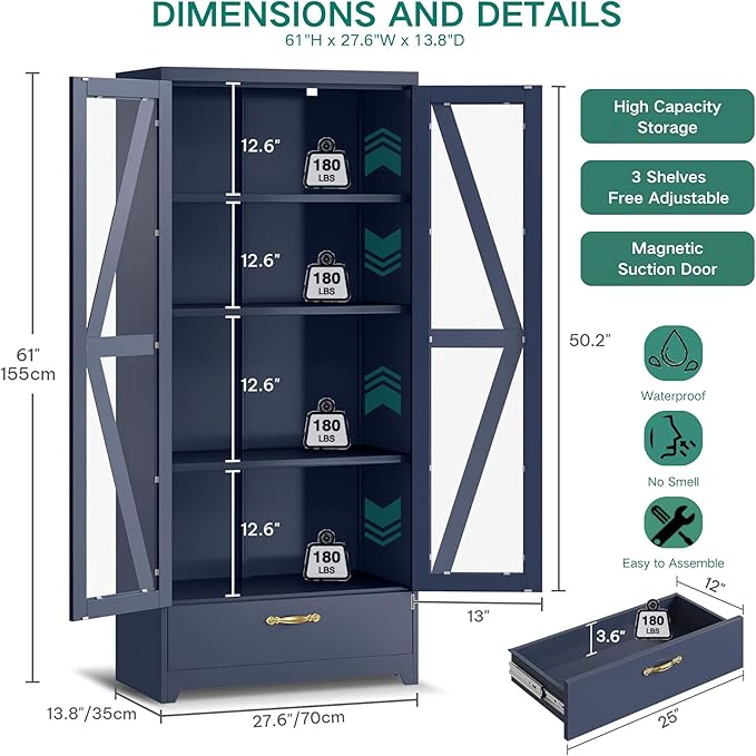 YITAHOME Kitchen Pantry Cabinet with Lights, 61" Metal Storage Cabinets with Adjustable Shelves, Organizer Cabinet with Barn Doors, Freestanding Cupboard with Drawer for Dining Living Room, Navy Blue