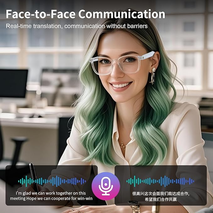 AI Smart Glasses for Women Men, Clear Frame Blue Light Glasses, Real-Time Translation（160+Languages), Photo Translation, No Subscription, Bluetooth AI Translation Glasses for Business Travel-Clear