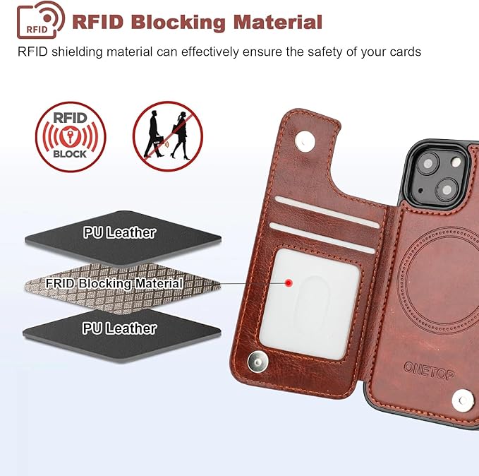 ONETOP Compatible with Magsafe for iPhone 13 Mini Wallet Case with Card Holder, PU Leather Kickstand RFID Blocking Case, Double Magnetic Clasp and Durable Shockproof Cover 5.4 Inch (Brown)