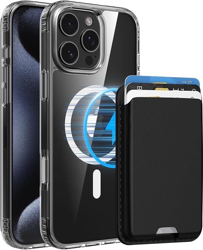 Magnetic for iPhone 16 Pro Clear Case with Black Detachable Wallet, Compatible with MagSafe, Credit Card Holder with Slim Shockproof Protective Phone Cover