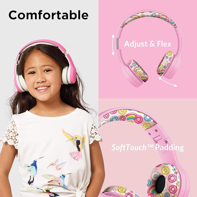 LilGadgets Girls Wired Headphones - Pink Doughnut On-Ear Ages 3+ - Built-in Mic & SoftTouch Padding - SharePort Audio Sharing - Detachable Braided Cable & Volume-Limiting Safety