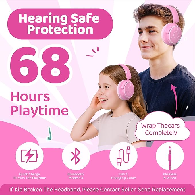 MIDOLA Kids Headphones Bluetooth 5.4 Wireless Volume Limited 85/94dB Hearing Protection Over Ear,68 Hours Playtime Foldable with Cable Aux Wired Built-in Mic for Toddler Child Travel School Pink