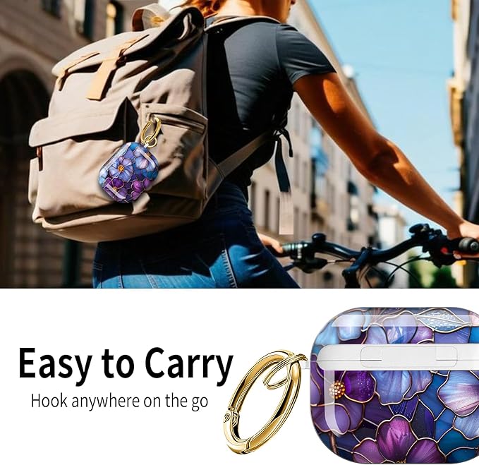 Cute Hard Case Compatible with AirPods Pro 3rd Generation Case (2025), Shockproof Protective Cover with Golden Keychain Ring Clip (Purple Flower)